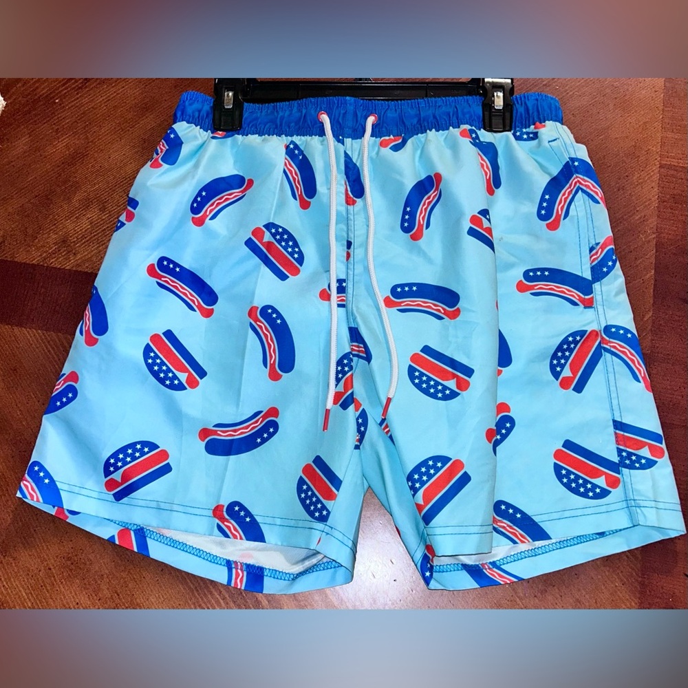 Blue and Red Hot Dog Pattern Swim Trunks 32 X 34